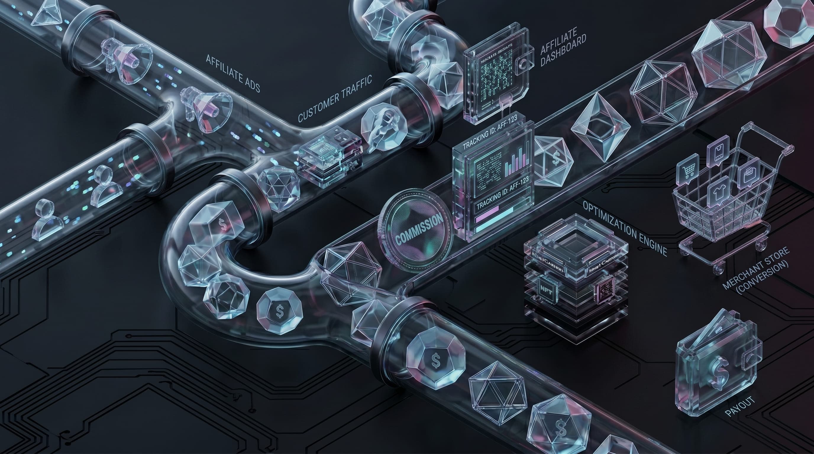 Futuristic affiliate program banner featuring cyber eyes with a referral system interface and currency exchange cycle.